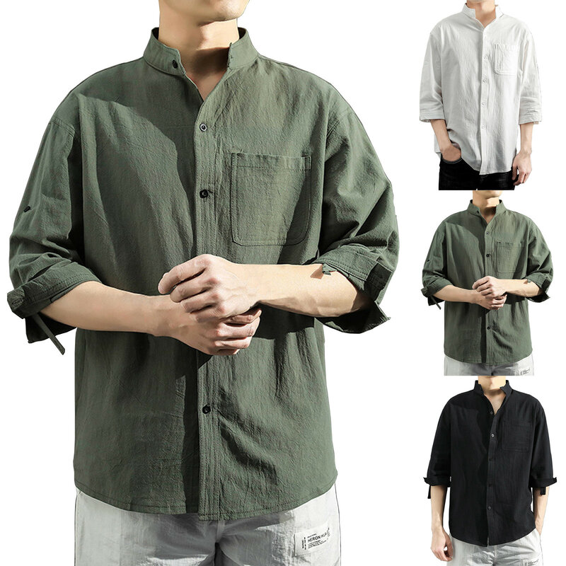Blusa de linho masculina 59 #, manga curta, botões soltos, verão, sólido, confortável, algodão puro e linho, casual, camisas de férias soltas