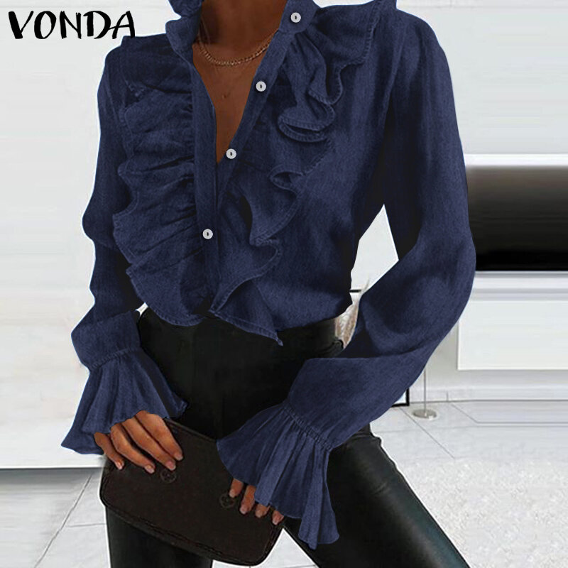 ผู้หญิงเสื้อ DENIM สำนักงานสุภาพสตรีเสื้อ2021 VONDA ลำลองแขนยาวลำลองคอเสื้อ WomenTunic Blusas