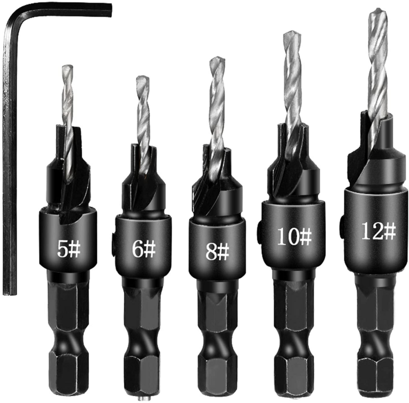 5pcs Countersink Drill Woodworking Drill Bit Set Drilling Pilot Holes For Screw Sizes #5 #6 #8 #10 #12 With a wrench