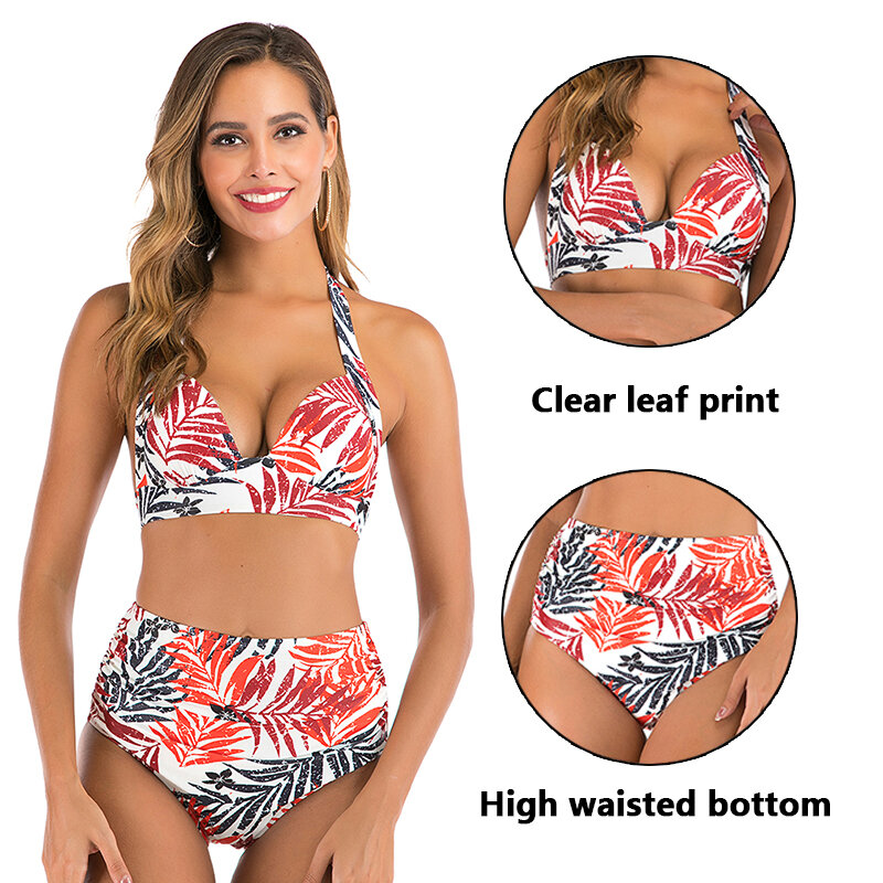 Set Bikini Pinggang Tinggi Mossha Pakaian Mandi Halter Baju Renang Wanita Bikini Ukuran Besar Wanita 2021 Pakaian Renang Motif Bunga Baru Wanita