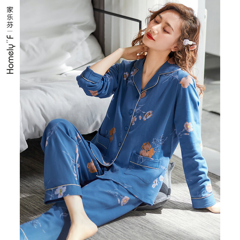 Pajamas Women's Spring and Autumn Fall Pure Cotton Long Sleeve Home Wear Cotton Summer Thin Large Size Suit for Middle-Aged
