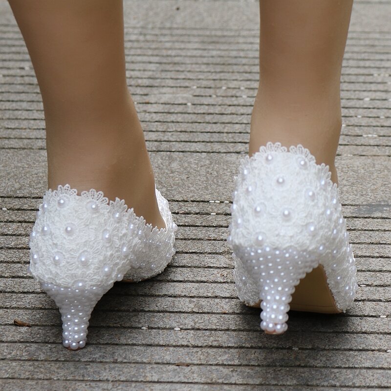 ฤดูใบไม้ผลิใหม่คริสตัลเพิร์ลเลดี้งานแต่งงานลูกไม้สีขาวรองเท้า 5 ซม.เซ็กซี่หวานเจ้าหญิงรอ...