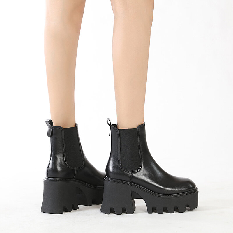 Botas de encaje y tobillo para mujer, Botines Chelsea, suela gruesa, botas de cuero negro, Punk gótico, novedad, 2021