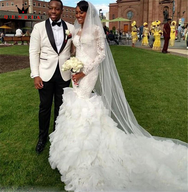 Роскошные свадебные платья с юбкой-годе с длинным рукавом и большим шлейфом, Тюлевое кружевное соблазнительное свадебное платье с кристалл...