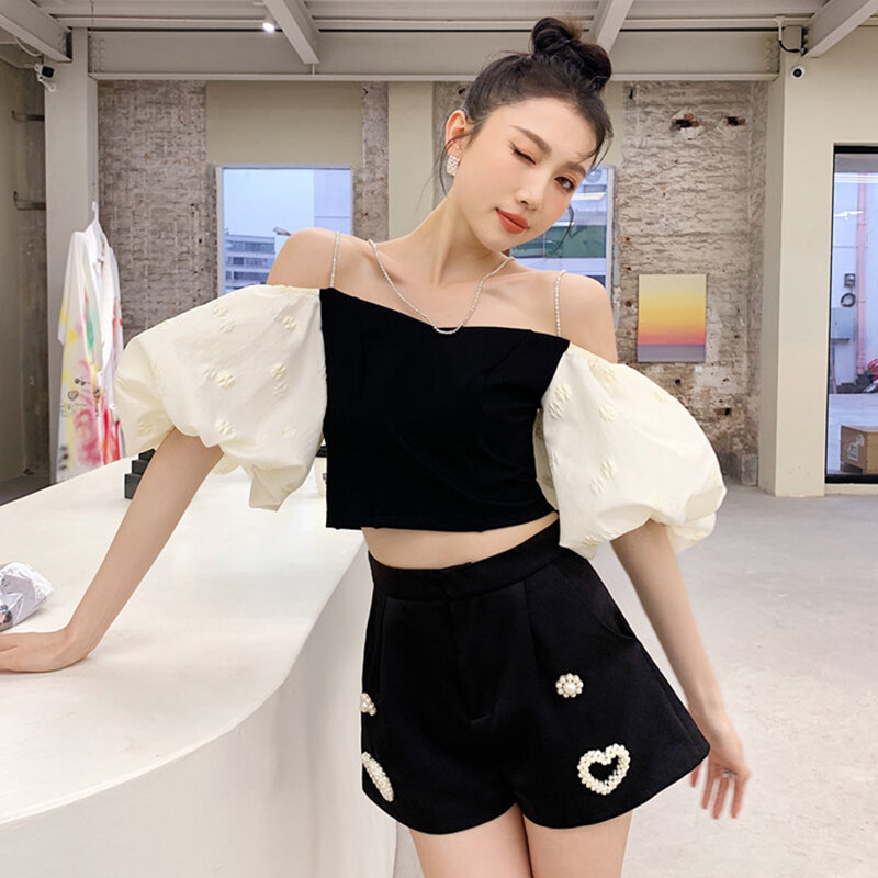 Süße Sexy Crop Top Bluse Frauen Streetwear Mode Off Schulter Puff Sleeve Shirt Koreanische Stil Chic Sommer 2021 Blusas Mujer