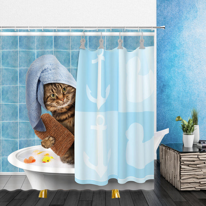 Cortinas de chuveiro com animais de estimação, decoração de banheiro em poliéster com ganchos