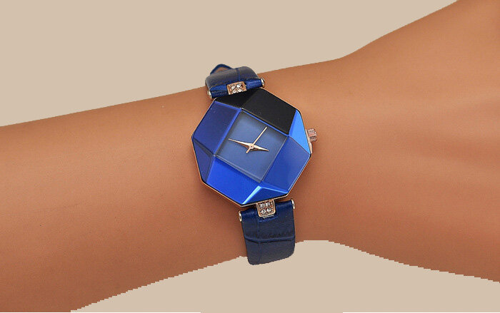 นาฬิกาผู้หญิงตัดอัญมณีเรขาคณิตคริสตัลนาฬิกาข้อมือหนังควอตซ์แฟชั่นนาฬิกาสุภาพสตรีนาฬิก...