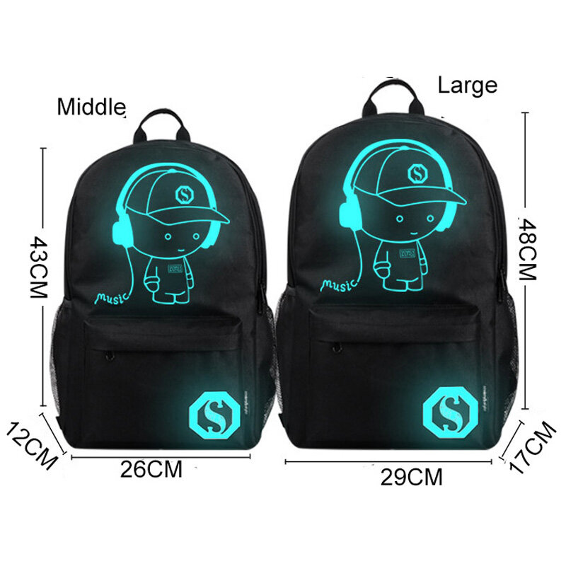 Nowy plecak szkolny dla uczniów plecak Anime Luminous dla chłopca dziewczęcy plecak wielofunkcyjny Port ładowania USB i zamek tornister czarny