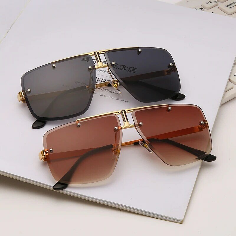 Gafas de sol sin montura para hombre, lentes de sol cuadradas Vintage, de lujo, UV400