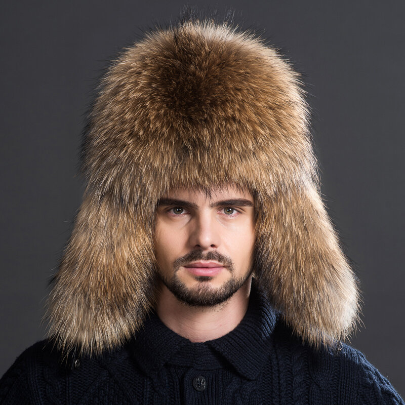 冬の男性の100% 本物のシルバーフォックス毛皮アビエイアライグマの毛皮ushankaキャップトラッパーロシア人スキー帽子は、リアルレザー