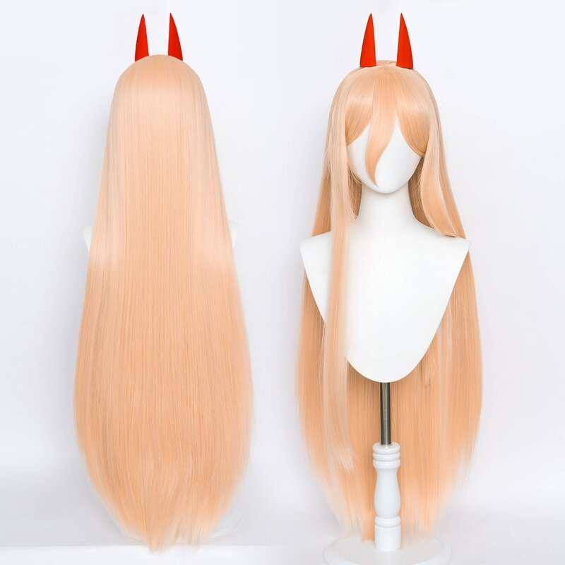 Anime Chainsaw Man Makima Power Cosplay Wig Long Orange Pink Heat Resistant Synthetic Hair Wigs + Wig Cap + Red Horn Hairpins