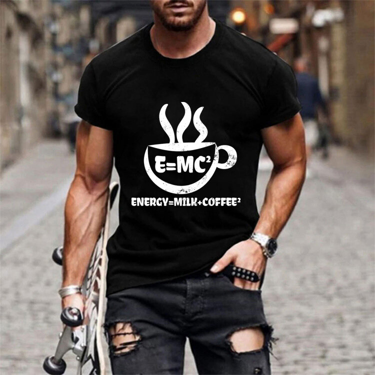 Camiseta com estampa de leite + café, camisa de marca da moda para homens, casual, esportiva, gola redonda, de tamanho grande