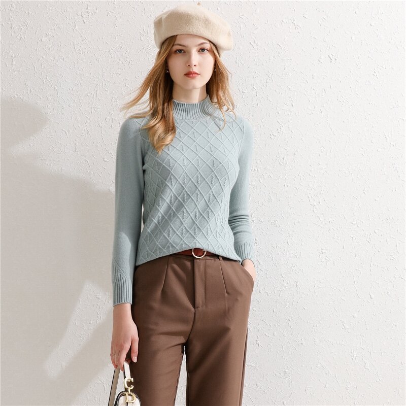 Suéter de lana pura 2021 para mujer, camisa de fondo adelgazante de cuello alto, suéter suelto de manga larga, suéter de temperamento, versión coreana
