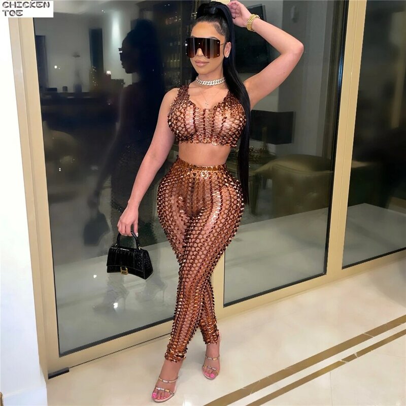 2021 Vest Pants Cave Fashion Sexy Women's Hot Stamping Burnt Flowers Hollow Party Nightclub Stretch Two-Piece Suit