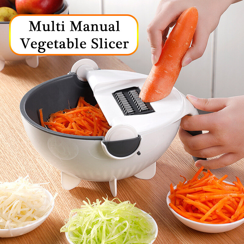 Multi เครื่องตัดด้วยมือหมุนเครื่องตัดผักที่มีท่อระบายน้ำผักตะกร้าสลัด Spinner ครัว Veggie Slicer