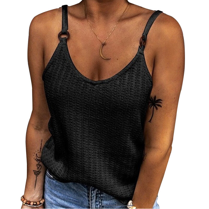 Spaghetti Strap Tank Top Women Summer Knitted Casual Camisole Ladies Solid Sleeveless Sexy Loose Plus Size White Fashion T-Shirt