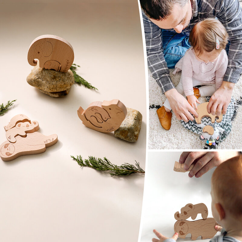 1 Set Baby Beißring Food Grade Holz Blöcke Baby Montessori Pädagogisches Spielzeug für Kinder Kreative Tier Jigsaw Stapeln Spielzeug