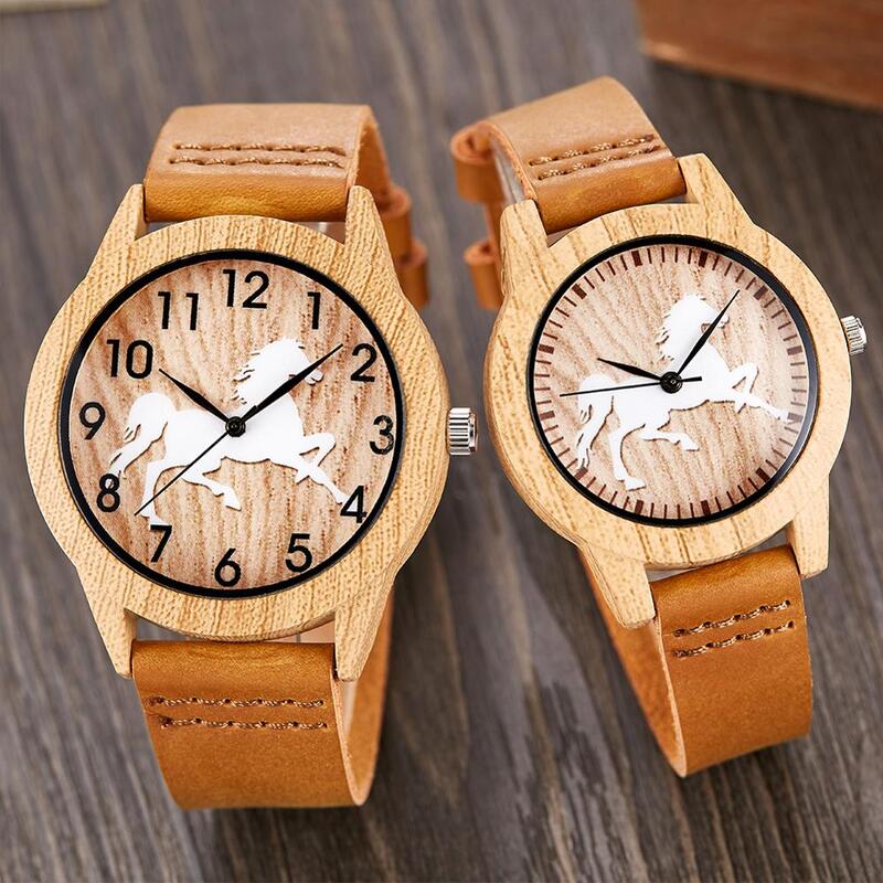 Reloj de madera creativo para hombre y mujer, cronógrafo de cuarzo, imitación de bambú, minimalista, de cuero marrón suave
