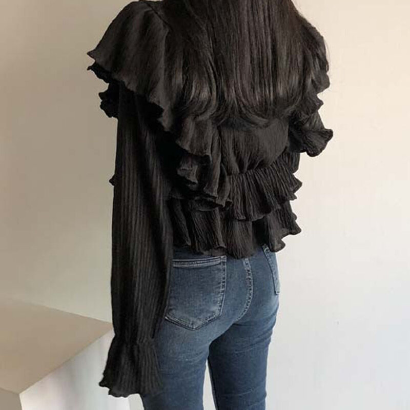 Blouse 2021 South Korea V-neck Wrinkle Texture Ruffled Stitching Trumpet Sleeve Top Women's Solid Color Casual Temperament
