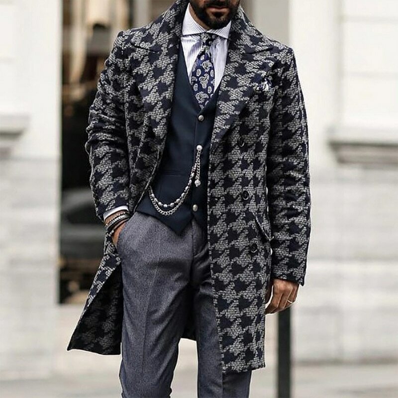 Coreano masculino lã mistura casacos casaco masculino inverno roupas quentes lã outwear longo preto branco xadrez misturas masculino casaco plus size