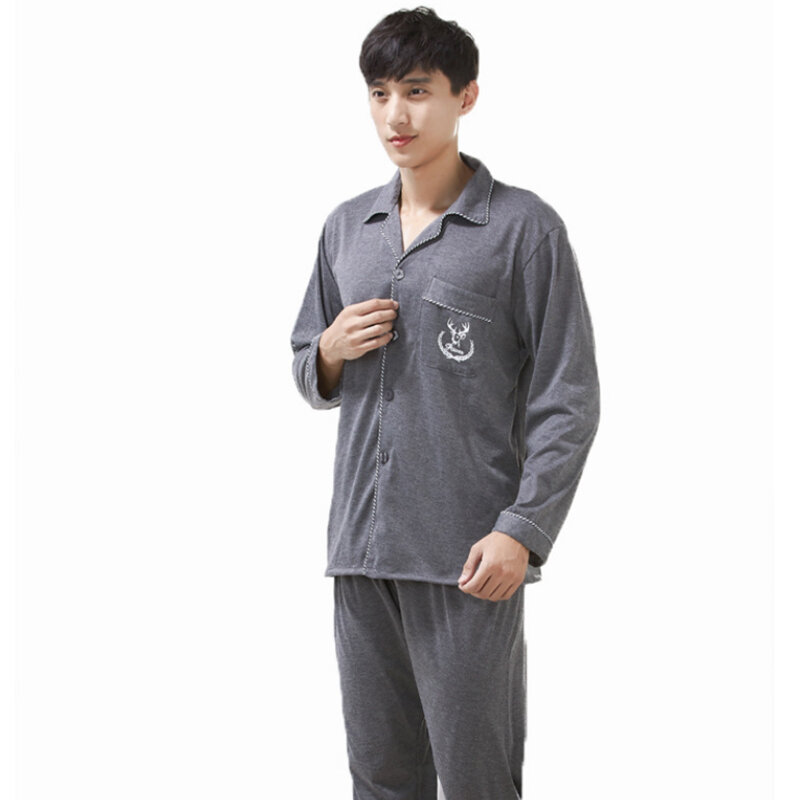 Пижамный комплект мужской, из 100% хлопка, на весну и осень, однотонный, Повседневный, размера плюс