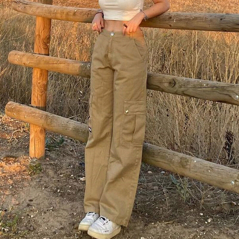 Caqui workwear bolso calças retas calças femininas de cintura alta perna larga jeans