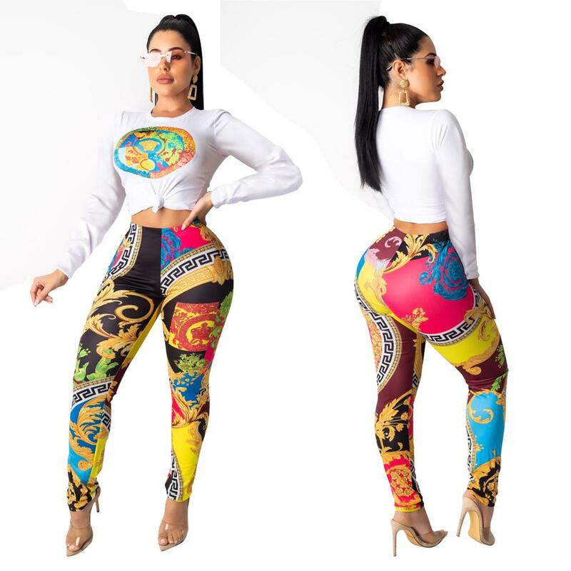 Two Piece Sets Women Set New Fashion Tracksuits 2019 Print Casual Long Sleeve Top Long Pants Pencil Elastic Women 2 Piece Set