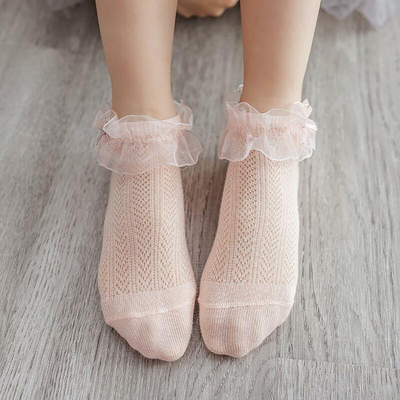 1 par de meias de renda com design de malha antiderrapante de algodão bebê menina com babado meias para dança