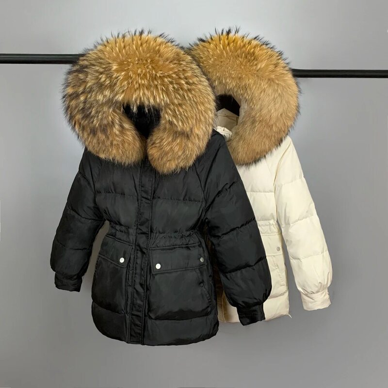 2021 inverno para baixo jaqueta feminina 90% pato branco para baixo casaco grande natural gola de pele de guaxinim raposa com capuz grosso quente cintura ajustável