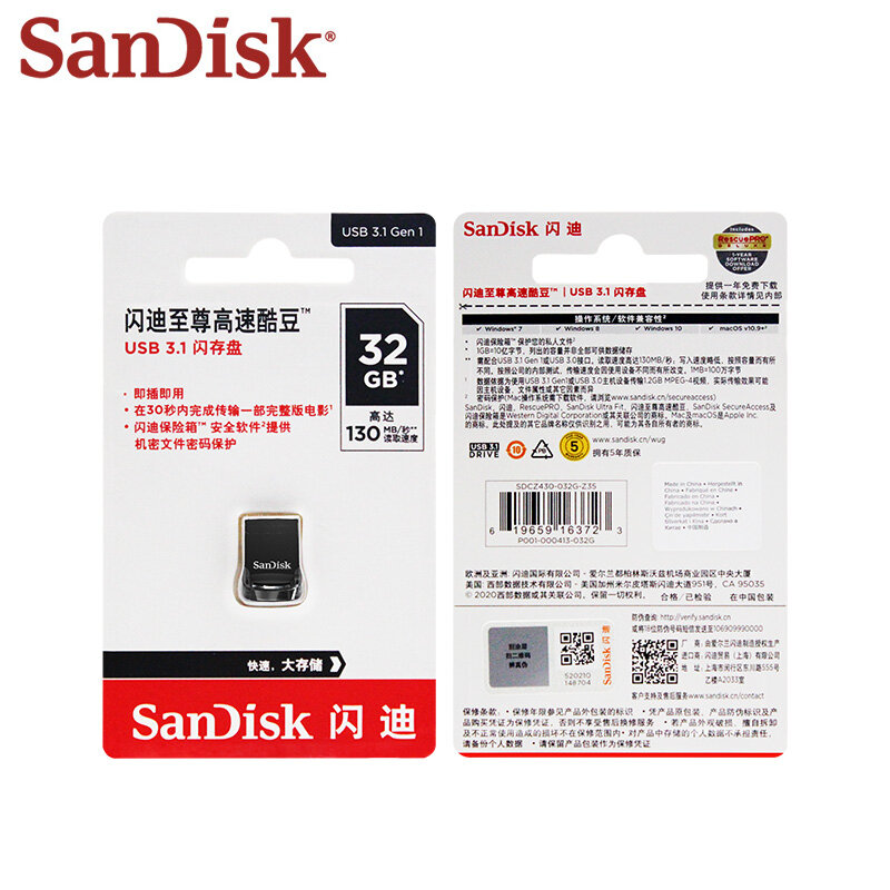 Original SanDisk Ultra Fit USB 3.1 Flash Drive 32GB 64GB Memory Stick 128GB 256GB 512GB Flash Disk USB Pen Drive 130MB/s U Disk