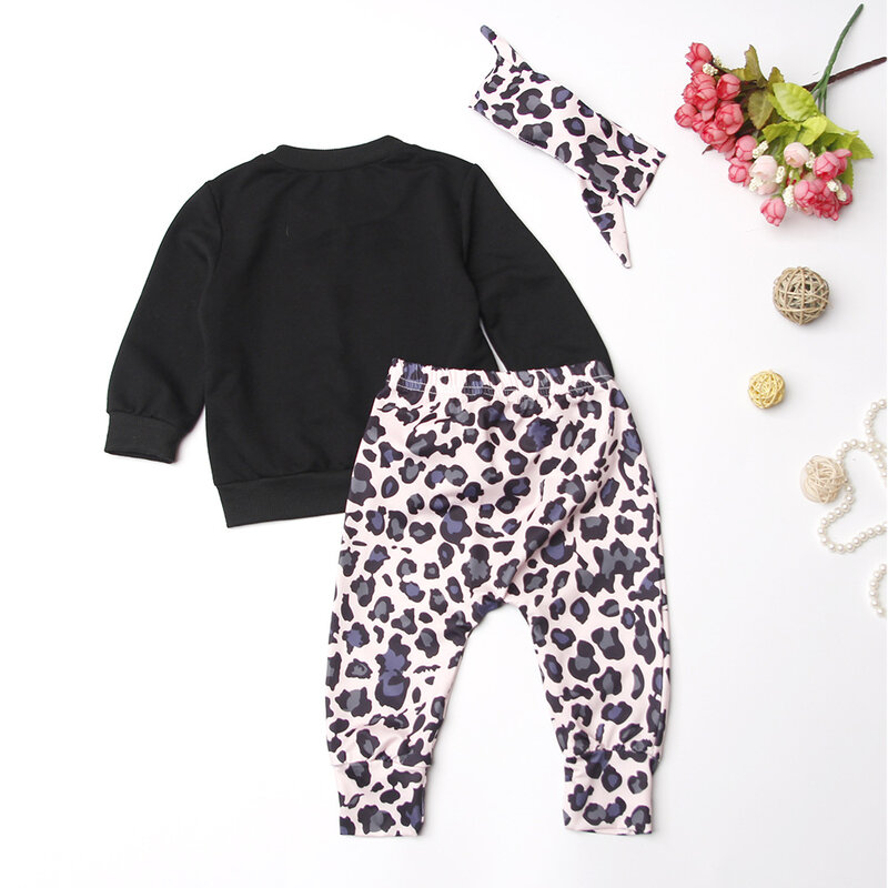 0-4Years 3Pcs Toddler Infant Baby Girl Clothes Top T-shirt Leopard Pants Cotton Outfit