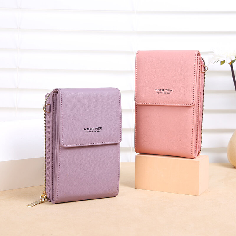 Korean Style Ladies Phone Bag Transparent Touch Smartphone Purse PU Leather Women Messenger Bag Small Flap Mini Shoulder Bag