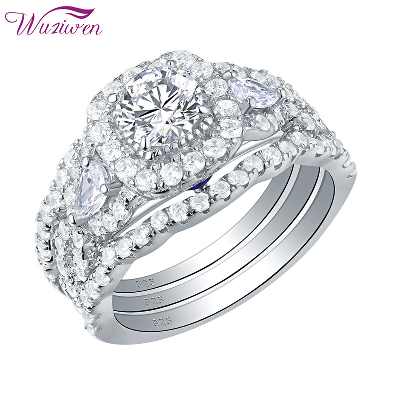 Wuziwen trzy-kamień 2.7Ct pierścionek zaręczynowy aureola zestaw dla kobiet 100% 925 Sterling Silver AAAAA cyrkon luksusowe biżuteria dla nowożeńców