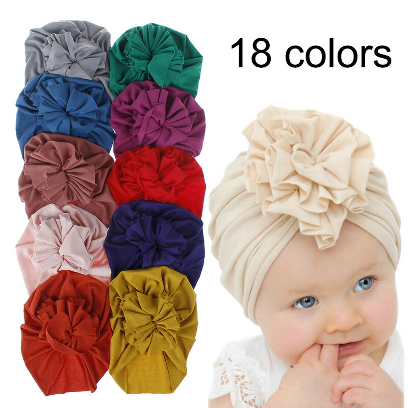 2020 New Fashion Pleated Flower Babies' Knitted Cotton Cloth Beanie Cute Flower Baby Girl Hat Soft Newborn Infant Cap Bonnet