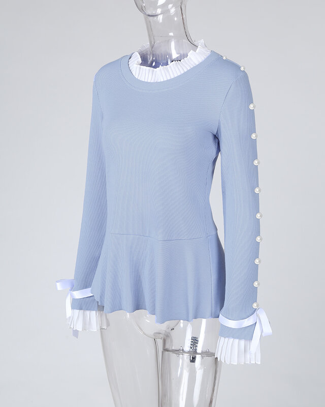 2020 여성 우아한 패션 기본 셔츠 여성 세련 된 패치 워크 파란색 된 위쪽 Bowknot Buttoned 벨 커 프 스 블라우스