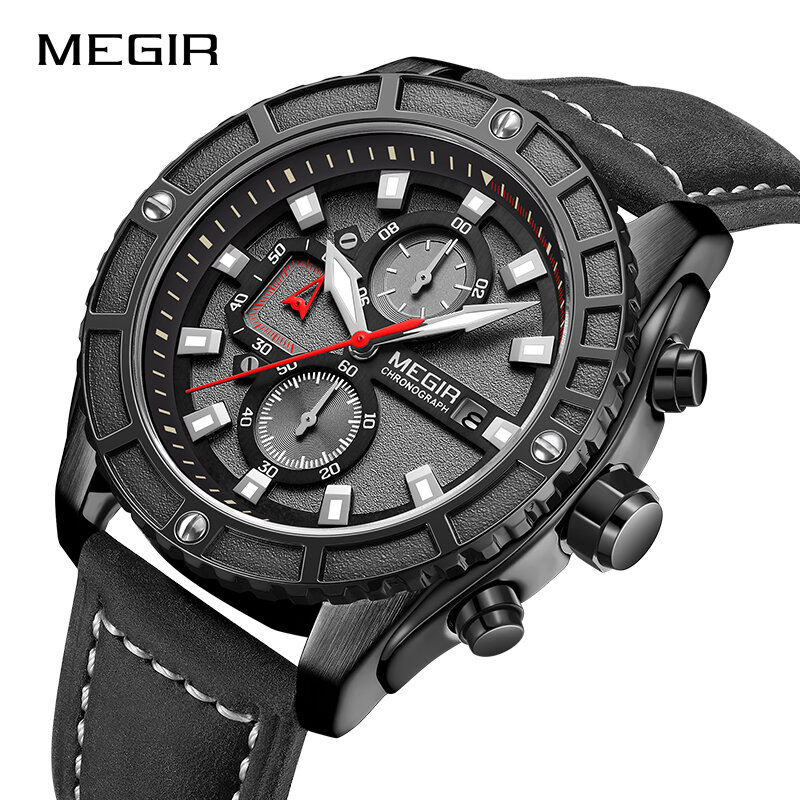 Часы наручные MEGIR Мужские кварцевые, модные брендовые Роскошные спортивные водонепроницаемые с кожаным ремешком, с датой, 2021
