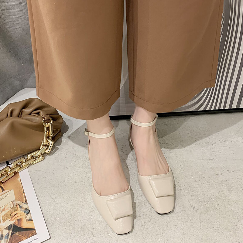 2021 Spring Sandals Mid Heel Shoes Fashion Ladies Elegant Party Shoes Closed Toe Mules Women Bowknot Beige Leather Sandals