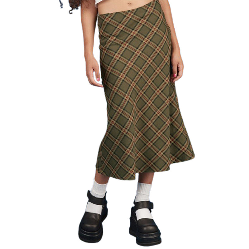 Women Casual Long Skirt, Dark Green Plaid Printed Pattern Close-fitting Dress, XS/ S/ M/ L/ XL