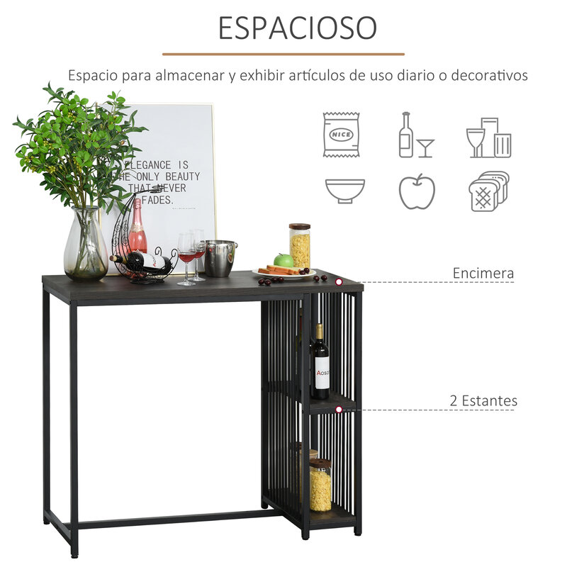 HOMCOM Bistro Bar table Industrial dining side cabinet with 2 Metal and wood shelves load 100 kg 120x50x100cm Walnut
