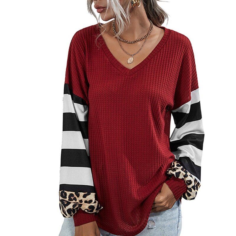 여성 긴 소매 v넥 티셔츠 스트라이프 레오파드 패치 워크 와플 니트 튜닉 탑 X3UE