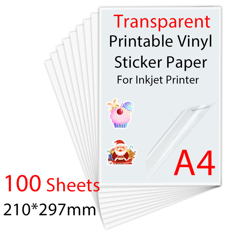 100 fogli trasparenti trasparenti autoadesivi stampabili in vinile carta  adesiva A4 carta da copia impermeabile adesivi fai da te per stampante a  getto d'inchiostro / Carta