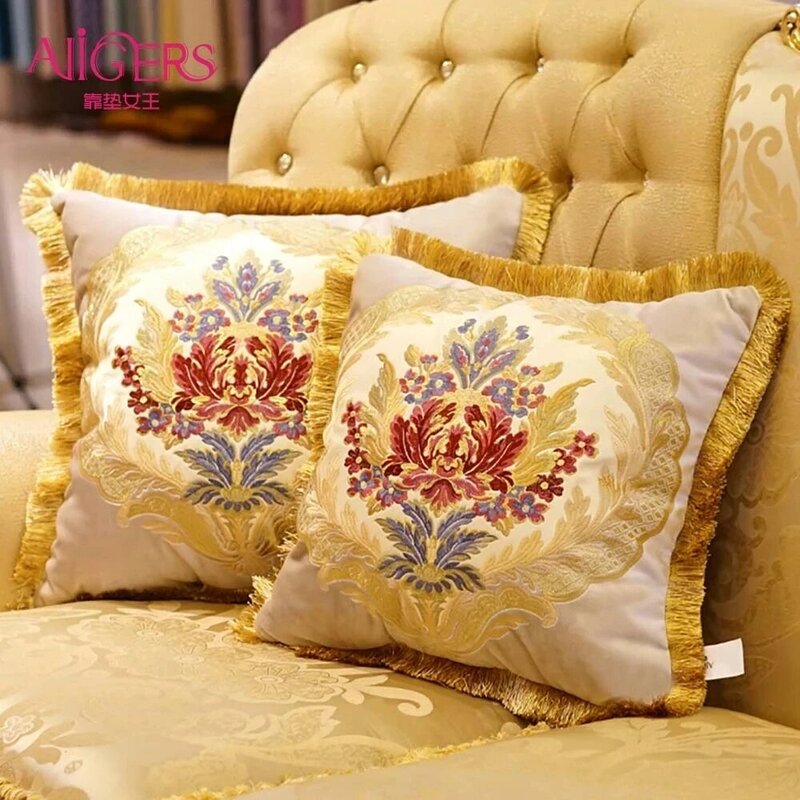 Aeckself Sarung Bantal Mewah Royal Bordir dengan Jumbai Kotak Sarung Bantal Bunga untuk Sofa Kamar Tidur Mobil Biru Putih Coklat