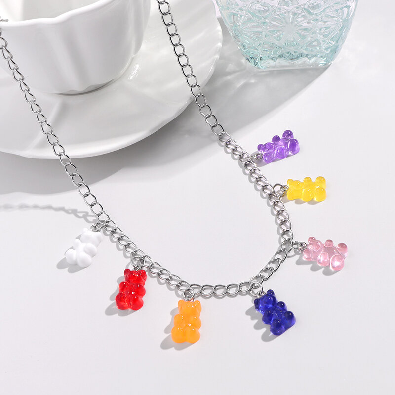 Rainbow Color Cute Jelly Bear Gummy Necklaces For Women Sweet Resin Bear Silver Color Necklaces Cool Punk Hip Hop Party Jewelry