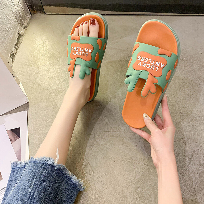 Women's Slippers Cartoon Cute Outdoor Home Indoor Bathroom Bath Thick Bottom Couple Fashion Slippers Outdoor Beach Shoes