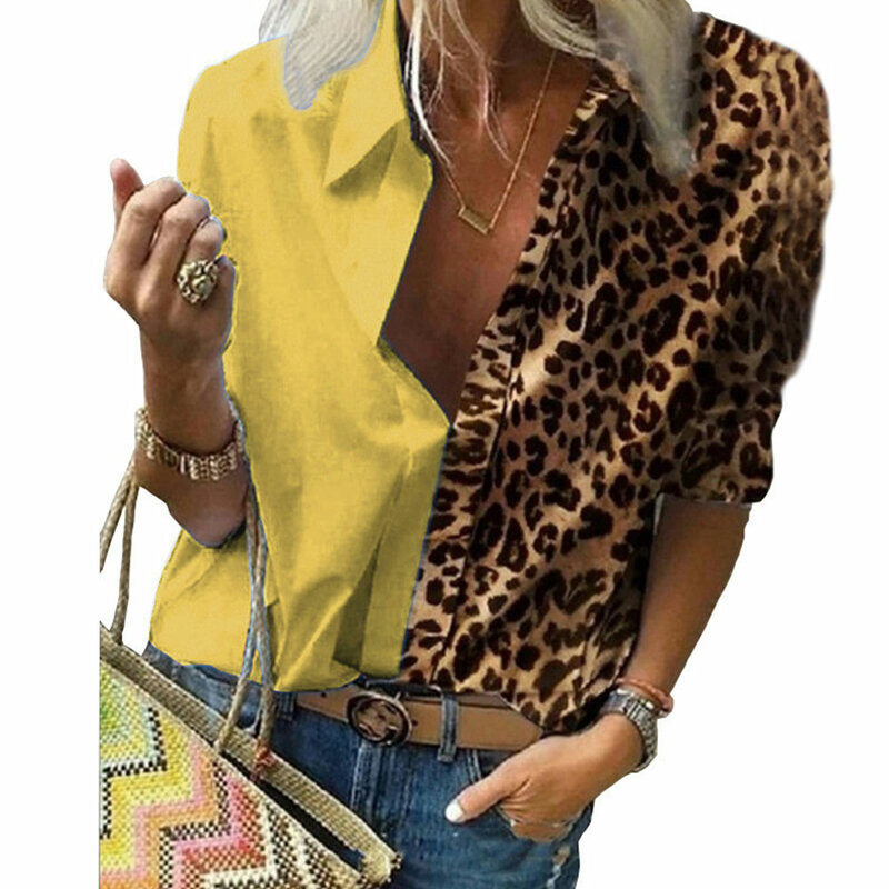 Blusa holgada de chifón para mujer, camisa de manga larga con solapa y estampado de leopardo, Estilo Vintage, elegante, de gran tamaño