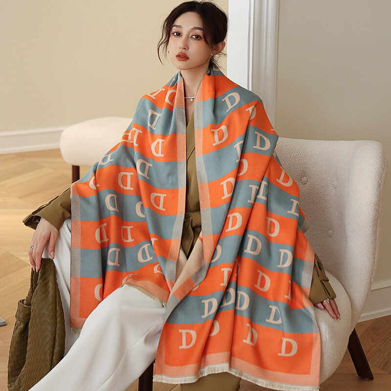 カシミヤレタープリントスカーフ,新しい高級ファッションレター,両面厚手,女性のための暖かい秋のショール,2021