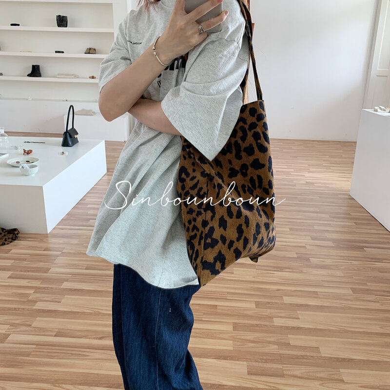 Bolsa de compras feminina estampa de leopardo estilo coreano estilo ulzzang casual