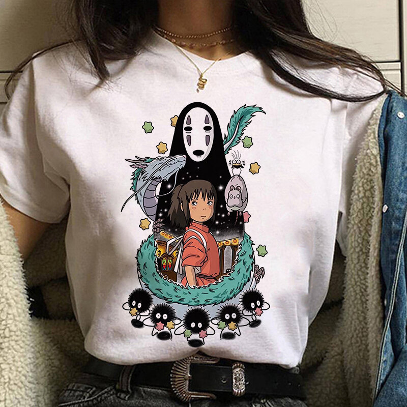 2021 스튜디오 지브리 스피릿 어웨이 미야자키 하야오 카와이 프린트 티셔츠 여성 하라주쿠 미적 여성 티셔츠 화이트 탑스 애니메이션