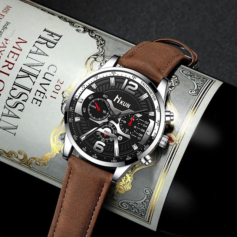 2021 New Fashion Leather Strap Watch Men Quartz Personality Fashion Man's Wristwatch Calendar