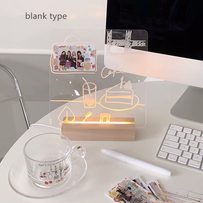 Tablero de mensajes acrílico brillante con USB, tablero de notas de fotos de momentos diarios con marco de madera, conjunto de soporte, papelería creativa ligera, novedad